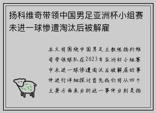 扬科维奇带领中国男足亚洲杯小组赛未进一球惨遭淘汰后被解雇 扬科维奇带领中国男足亚洲杯小组赛未进一球惨遭淘汰后被解雇
